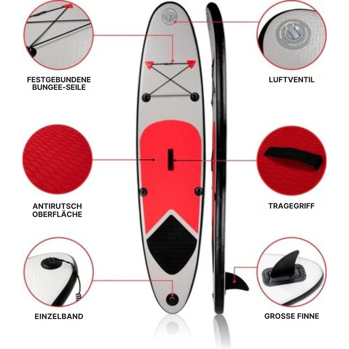 Surfplank - Surfbrett - Aufblasbar - 243x57x7cm - mit Tragetasche - Weiß/ Rot