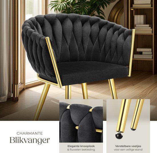 tectake® - 2er Set Esszimmerstühle aus Samt - Schalensessel mit Armlehne - Knopfoptik - 60,5 x 55 x 75 cm - Schwarz/Gold