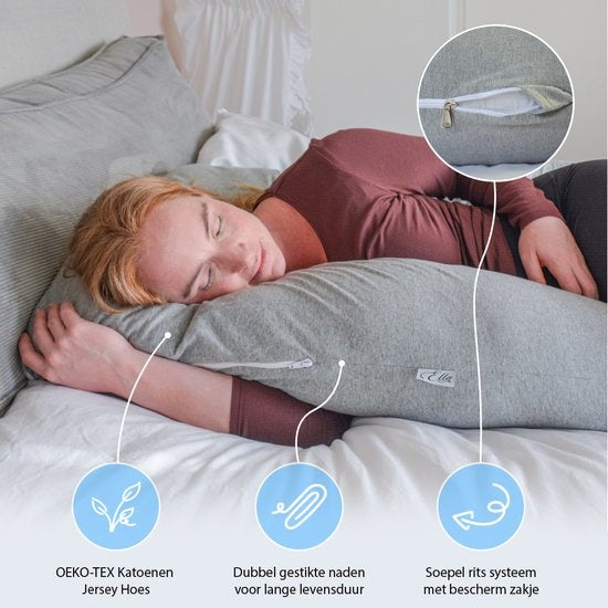 EL Life Umstandskissen XXL - U-Shape - Stillkissen - Seide - Abnehmbarer Jersey-Baumwollbezug - 140x80cm - Hellgrau