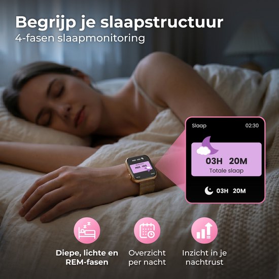 Nuvance Smartwatch für Damen – Schrittzähler-Uhr für Damen – Herzfrequenzmesser – Sportuhr – Kompatibel mit iOS/Android – AMOLED – Inkl. 5 Armbänder – Gold