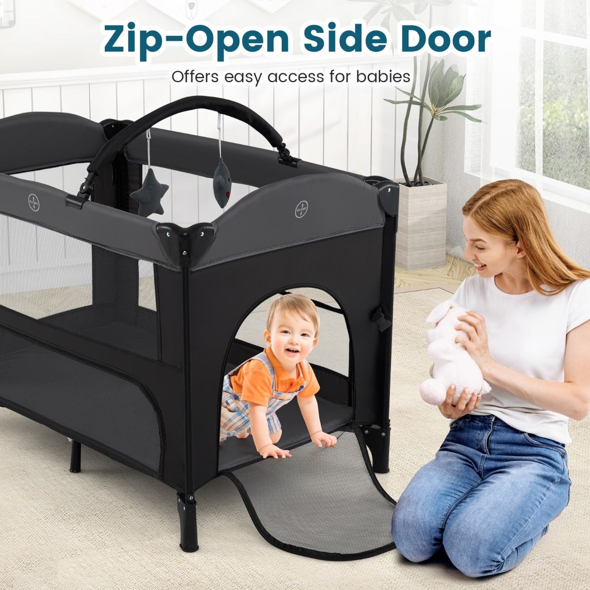 Coast 5-in-1-Babyreisebett mit 4 verstellbaren Höhen, Wickeltisch, Spielzeugstange und Tragetasche – 100 x 70 x 72 cm – Schwarz