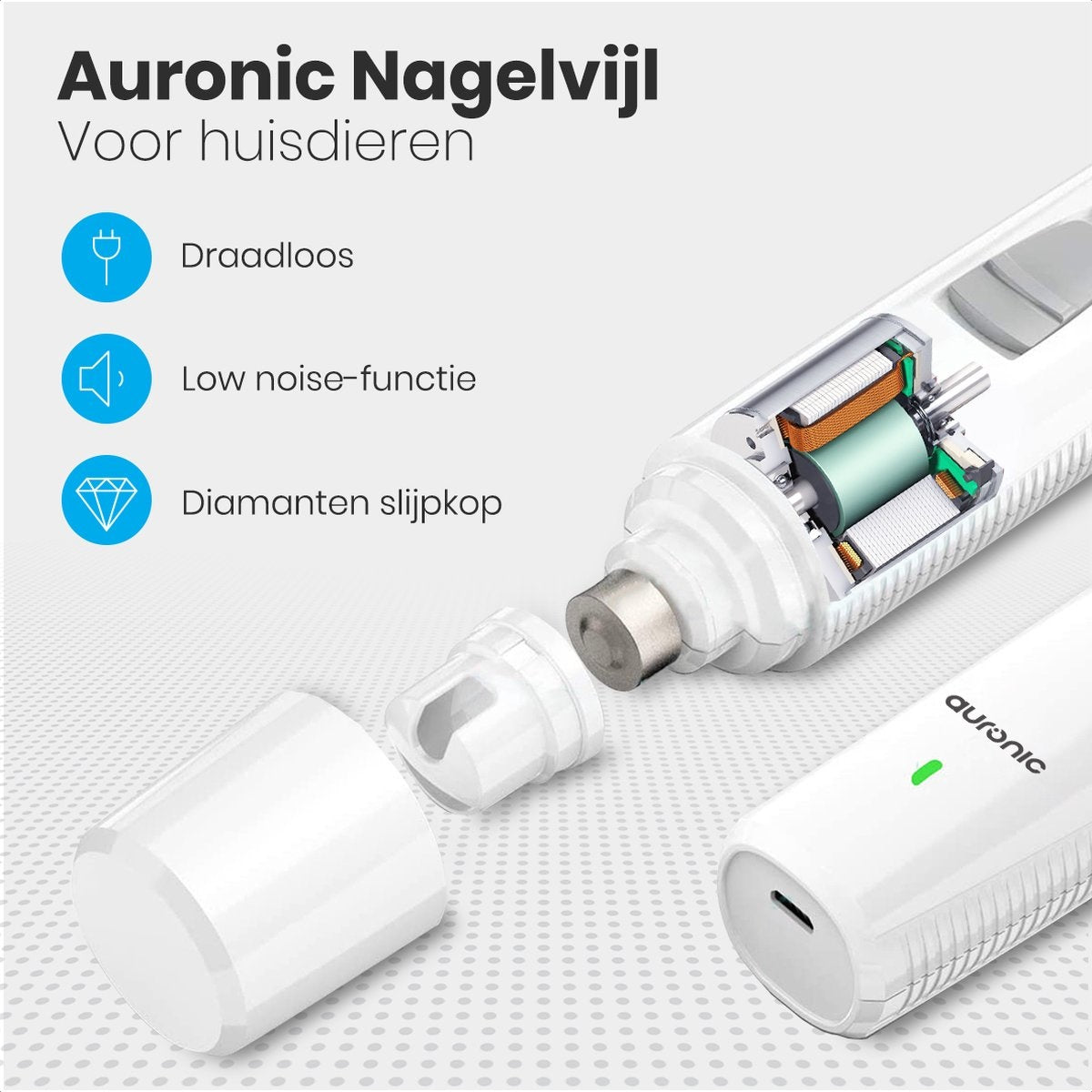Auronic Elektrische Nagelfeile - für Tiere - wiederaufladbar - kabellos - Diamantfeilenkopf - Hund/Katze - weiß