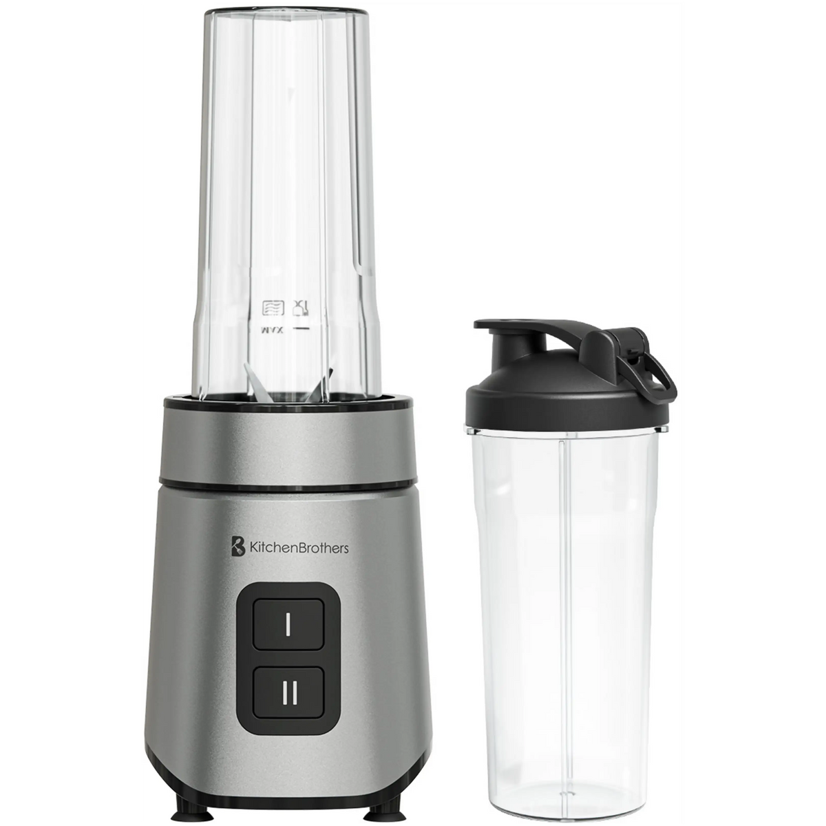 KitchenBrothers Mini-Mixer To-Go mit 2 Flaschen à 600 ml – 550 W – 4 Edelstahlklingen – Schwarz