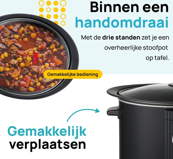 MOA Slowcooker mit Timer - 6,5L - Ø 24,5cm - Aluminium Innenbehälter - Transparenter Deckel - 3 Heizstufen - Spülmaschinenfest - BPA-frei - Schwarz