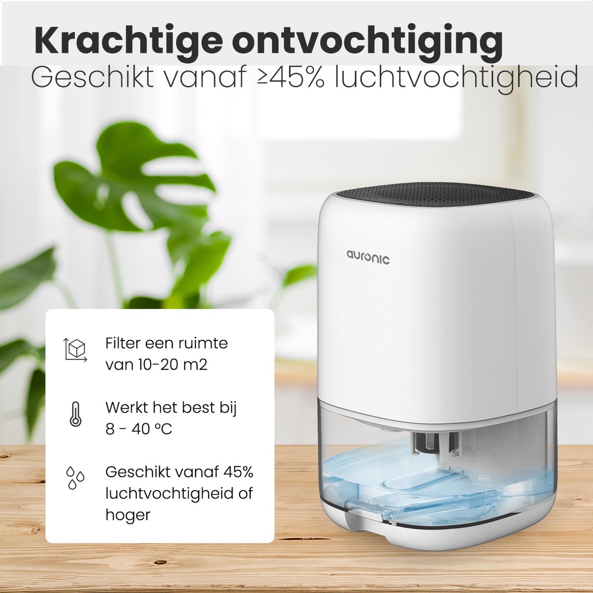 Auronic Luftentfeuchter – 1 l Wassertank, 450 ml pro Tag, 40 W – 25,6 x 15 x 15 cm – Weiß