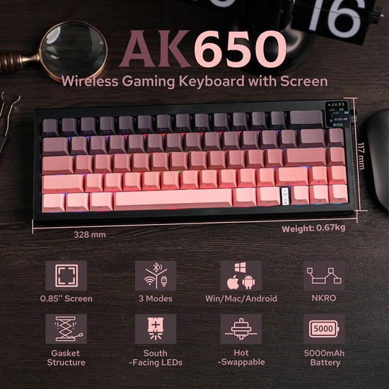 Ajazz AK650 – Kabellose Gaming-Tastatur – Mechanisch – Gasket – Hot-Swap – Tri-Mode – QWERTY – 66 Tasten – Grate