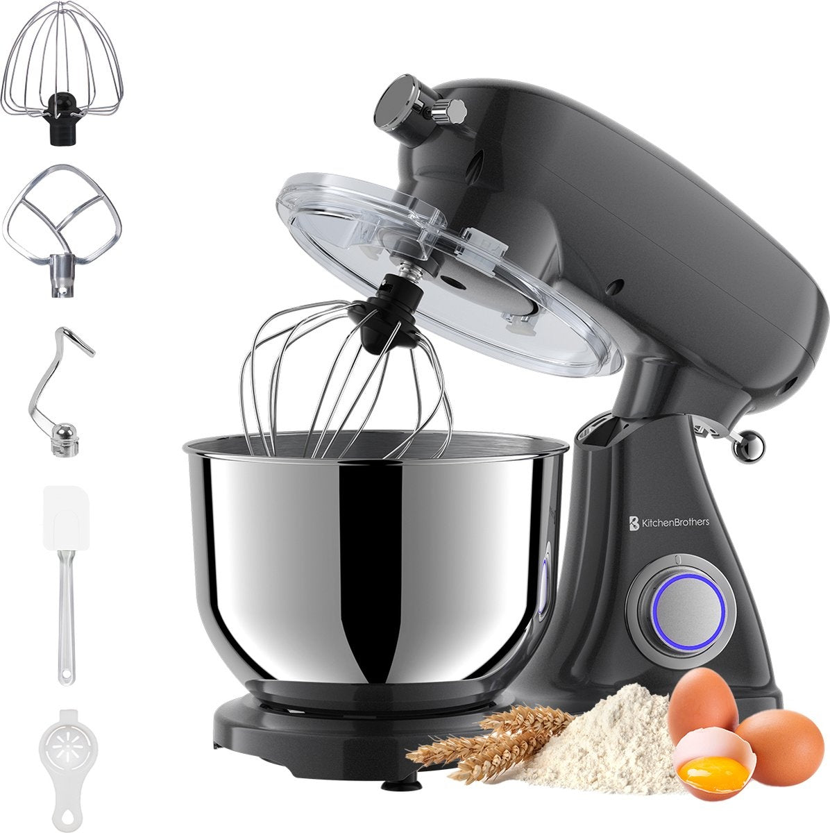 KitchenBrothers Küchenmaschine - Küchenroboter - 6L Rührschüssel - 1800W - Aluminium - Anthrazit