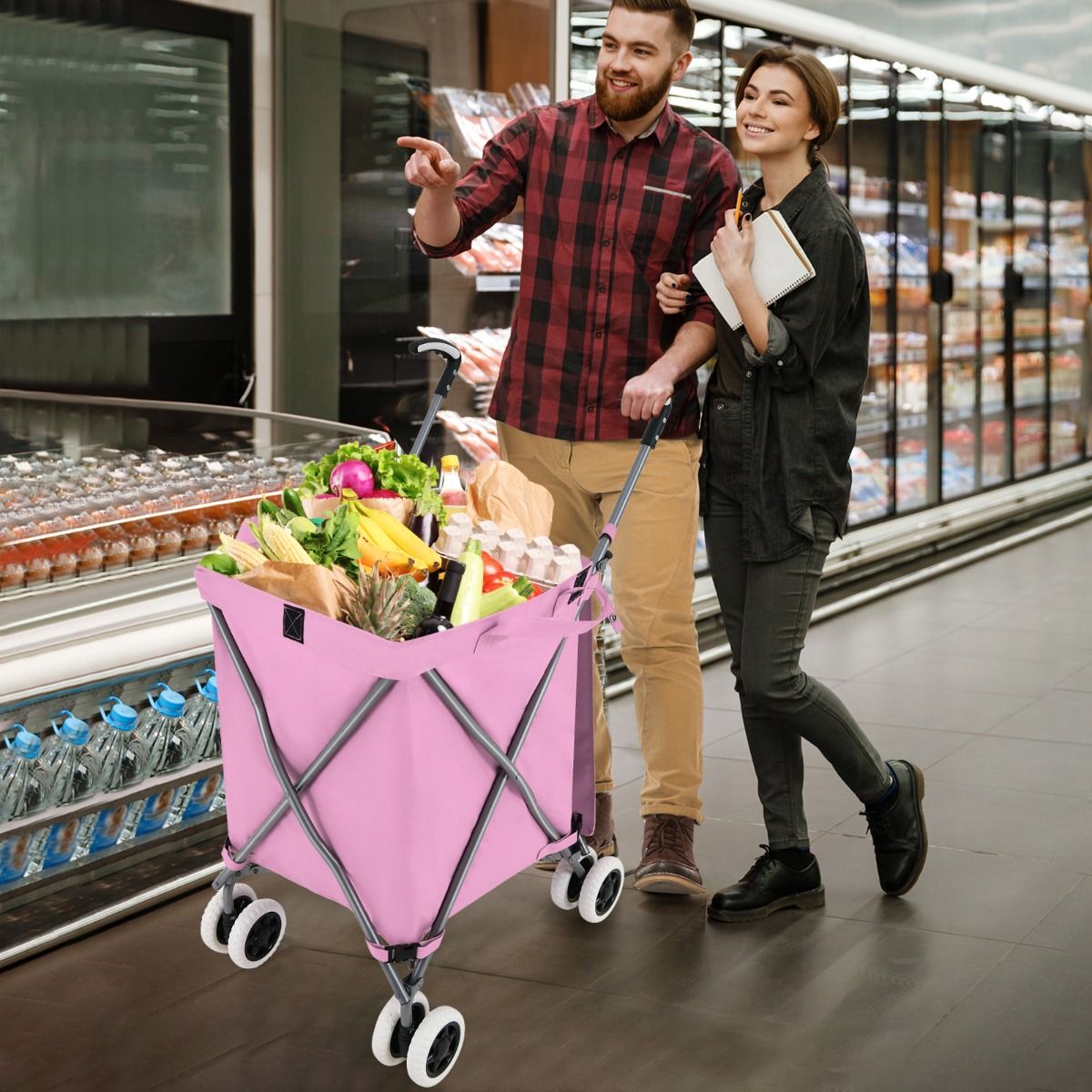 Coast Zusammenklappbarer Einkaufswagen mit Rädern – Handwagen 90 l – Zusammenklappbarer Einkaufswagen – 66 x 46 x 94,5 cm – Rosa