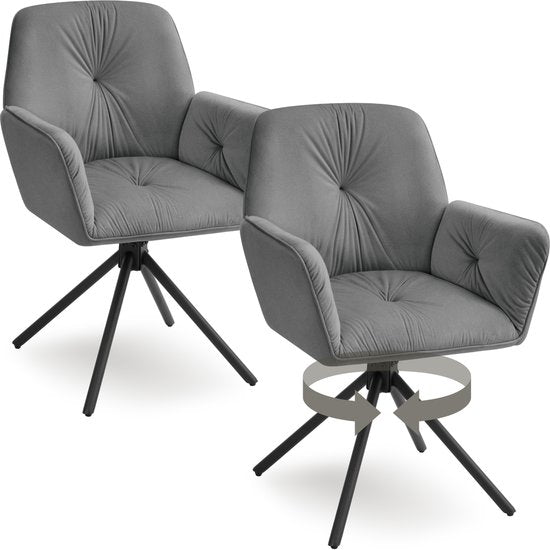 tectake® Drehstuhl Lenia - 2er-Set Drehstühle mit Armlehne - Esstischdrehstuhl - Drehsessel - gepolstert - Samtoptik Anthrazit/Schwarz