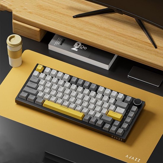 Ajazz AK820 – 75 % kabelgebundene RGB-Gaming-Tastatur – mechanisch – Gasket – Hot-Swap – Lautstärkeregler – QWERTY-Tastatur – 82 Tasten – Mondlichtgelb