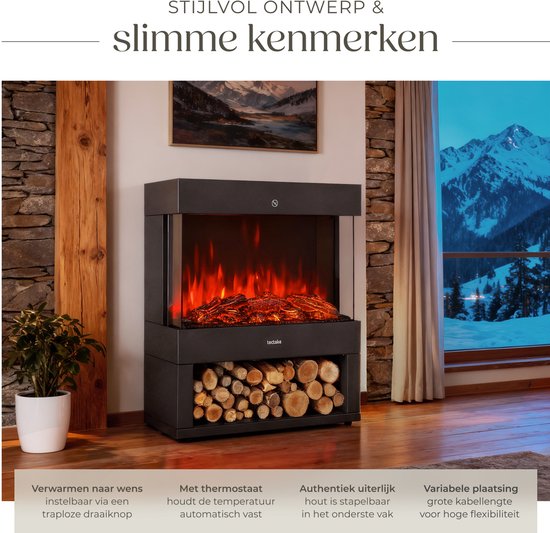 tectake® Elektrokamin - Atmosphärischer Kamin - 900W & 1800W - Freistehend - Kaminofen - mit Heizung - Kamine - mit Holz- und Glüheffekten - 3D Flammen - Timer