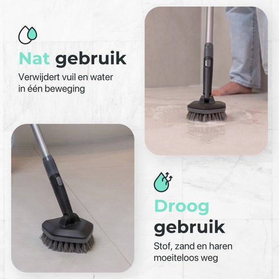 CLEANLY Schrubber mit Stiel 3-in-1-Set – Putzbürste – Scheuerbürste – Schrubber mit Stiel – Schrubbbürste – Rollwagen – Verstellbar 118–150 cm – Schwarz, Grau
