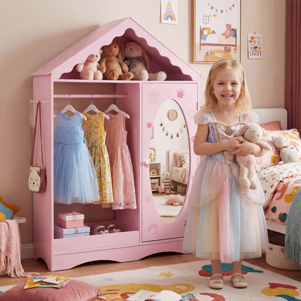 Coast Kinderkleiderschrank mit Spiegel – Dachförmiges Design mit Kleiderstange, Regalböden und Haken – 85,5 x 30 x 121 cm – Rosa