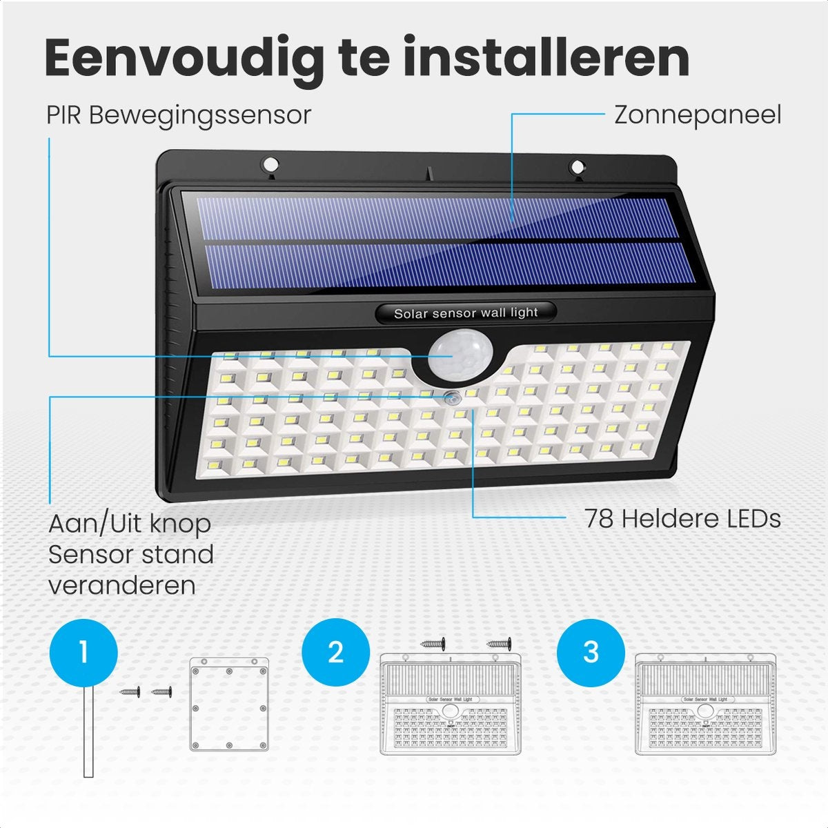 Auronic Solar Außenleuchte mit Bewegungssensor - Solar Gartenleuchte - Wandleuchte - 78 LEDs - IP65 - 2 Stück - Schwarz
