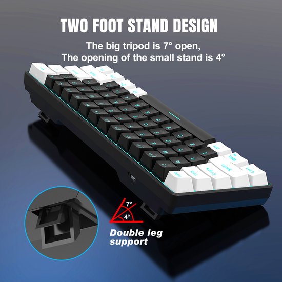 HXSJ V900 - Wired Gaming Keyboard - Mechanisch - RGB - Blauer Schalter - 61 Tasten - QWERTY-Tastaturen - Schwarz weiß