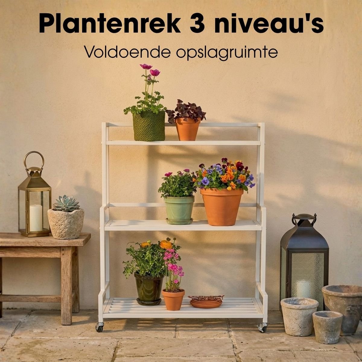 Mica Decorations Greenrax Pflanzenregal auf Rädern – mehrere Ablagen – 80 x 35 x 100 cm – gebrochenes Weiß
