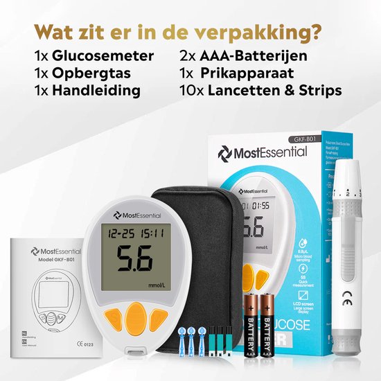 MostEssential Premium Blutzuckermessgerät Starter Pack - Blutzuckermessgerät - Diabetes Messgerät - Alles in einem Set - Inklusive Aufbewahrungsbeutel, Stechhilfe, 10 Teststreifen & 10 Lanzetten