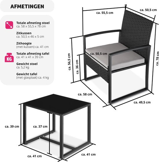 tectake - Geflechtsitzgruppe 2x Sessel mit Tisch, Balkonmöbelset, Gartenmöbel, Balkonmöbel, kleine Lounge, gepolsterte Stühle inklusive Gartentisch, wetterfest - schwarz - Poly-Rattan