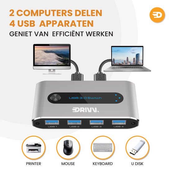 Drivv. Premium USB 3.0 Umschalter - 4 USB Ports - Grau - USB KVM Umschalter - 2 PCs gemeinsam nutzbar - Aluminium