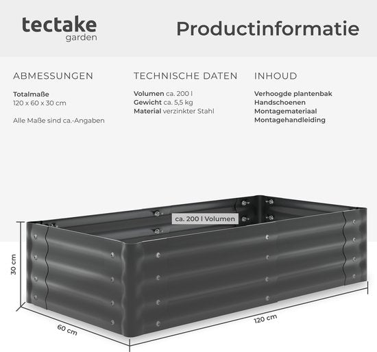 tectake® Erhöhter Pflanzkübel – 120 x 60 x 30 cm – 200 l - Pflanzkübel für den Außenbereich – Anzuchtkasten – Gemüsegarten-Kasten – Verzinkter Stahl – Offener Boden – Kräutergarten – Gartenkübel – Ergonomisch
