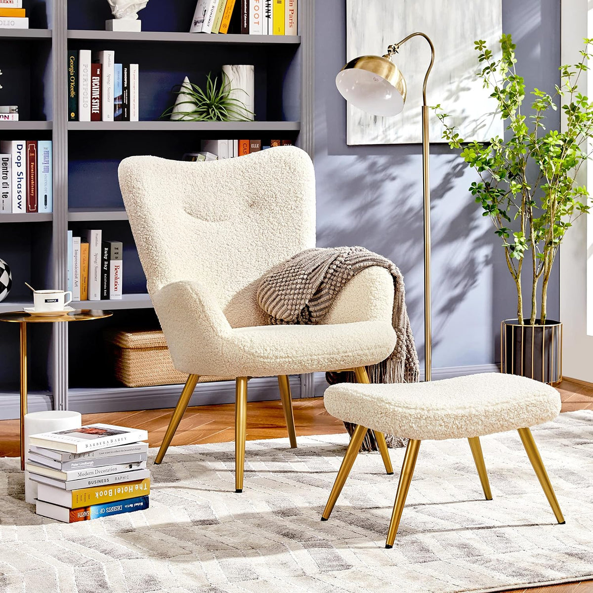Yaheetech Ohrensessel mit Fußhocker – Teddy-Stoff – Elfenbeinweiß – 67,5 x 70 x 97,5 cm