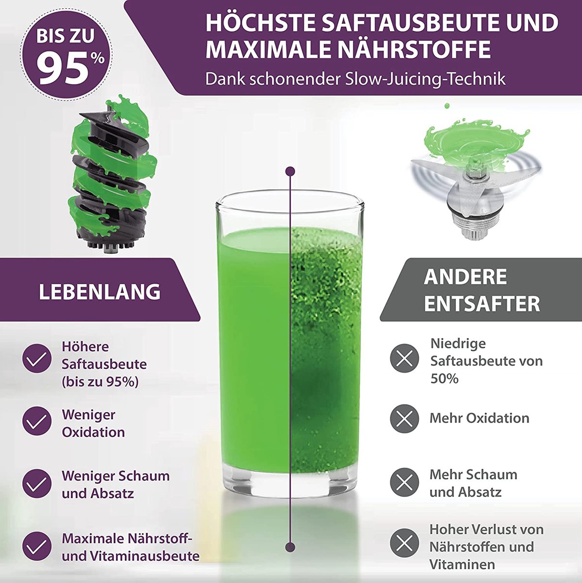 LEBENLANG Slow Juicer 45x35x25 cm - Grau - BPA-freie Kaltpresse für Obst & Gemüse, Keramik-Entsafter, elektrischer Entsafter für Sellerie, Karotten & Smoothies