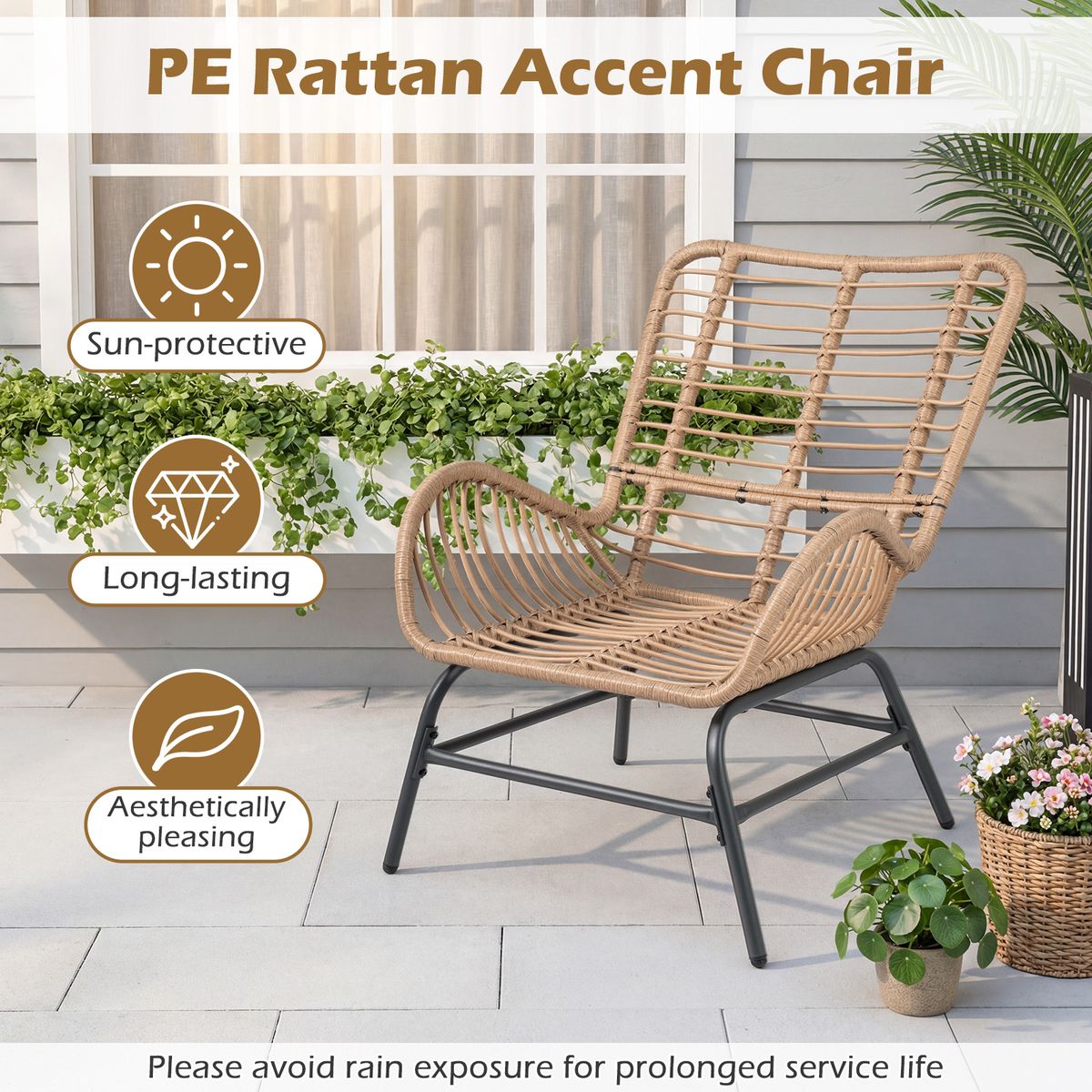 Coast Rotan Gartenstuhl – ergonomisches Design – inklusive dickem Kissen – beige – 1 Stück