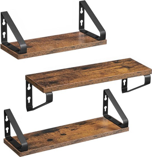O'DADDY® Schweberegale - Wandregal - Vintage Design - Wandregal - Holzregale für die Wand - Bücherregal - Wandregale & Racks - 3 Stück - Braunes Holz - Schwarzes Metall