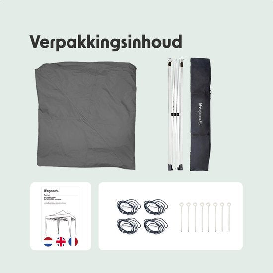 LifeGoods Party Tent Plus - Faltzelt - 3x3 m - Einfacher Aufbau - Verstärkter Rahmen - Wasserdicht - Tragetasche - Grau