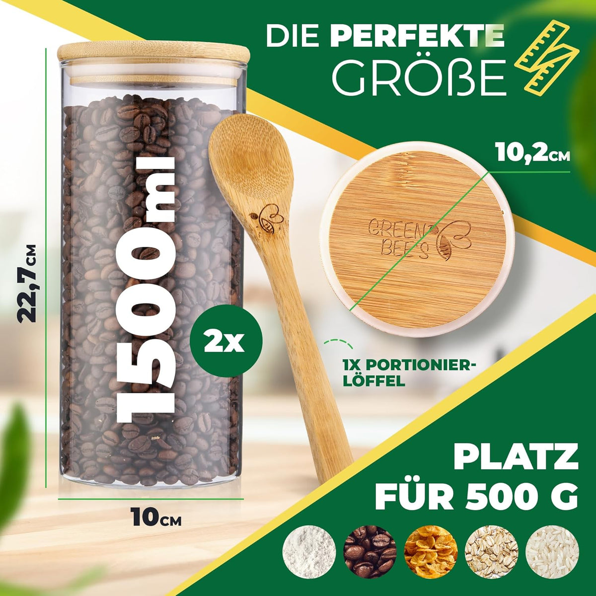 GREEN BEE`S Vorratsglas groß - 2x1500ml Neues Modell - Passgenau für Schublade & Apothekerschrank - Nachhaltige Vorratsgläser mit Deckel luftdicht - Für Mehl, Zucker, Nudeln, Kaffee & Haferflocken