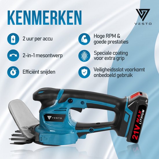 Vesto® Accu Heckenschere - Inkl. Buchsbaum- und Grasschneideblatt - Elektrische Grasschere - Akku-Schere - Heckenschere