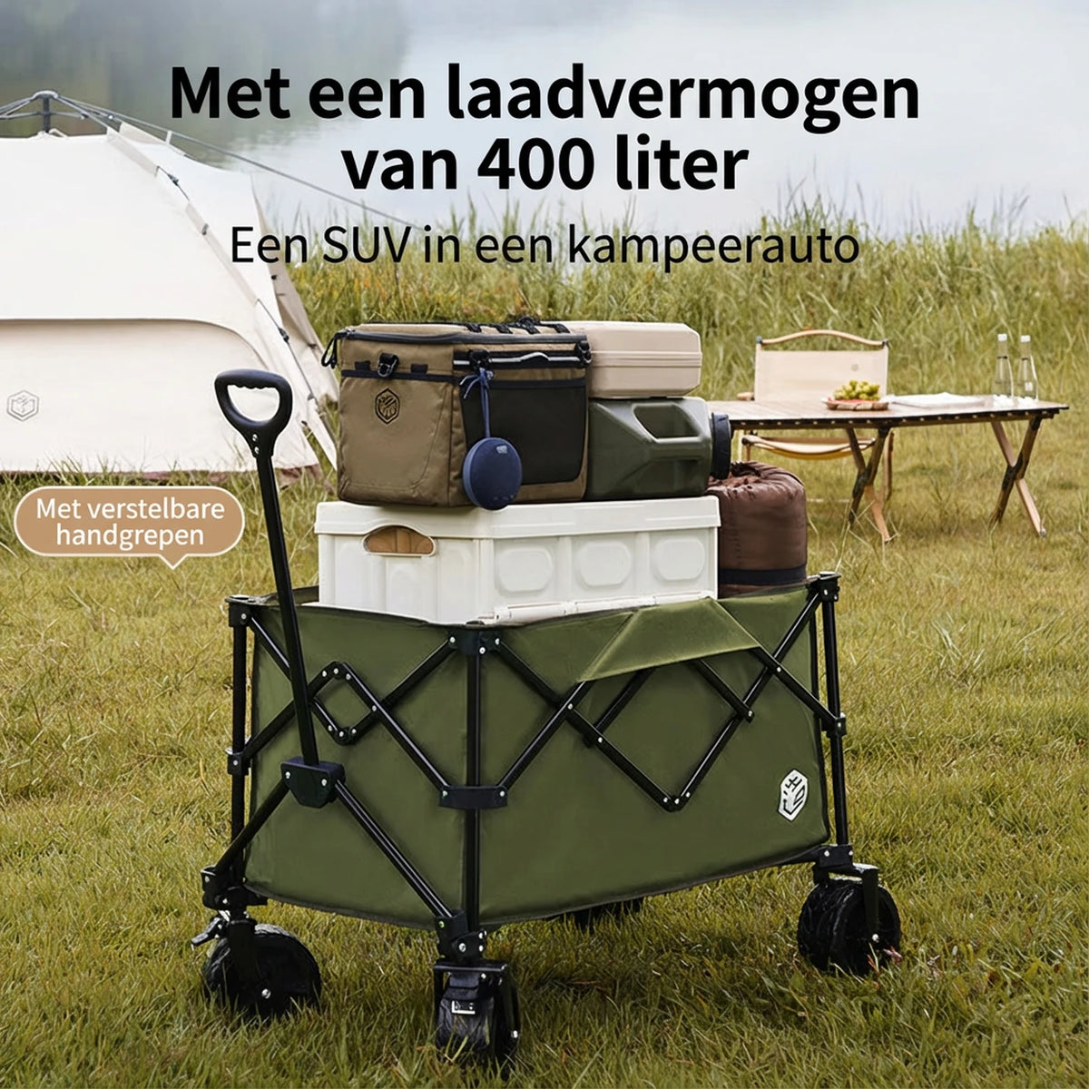 Ochama Faltbarer Handwagen – 200 Liter – Geländeräder mit Doppelbremse – Extra groß – Grün