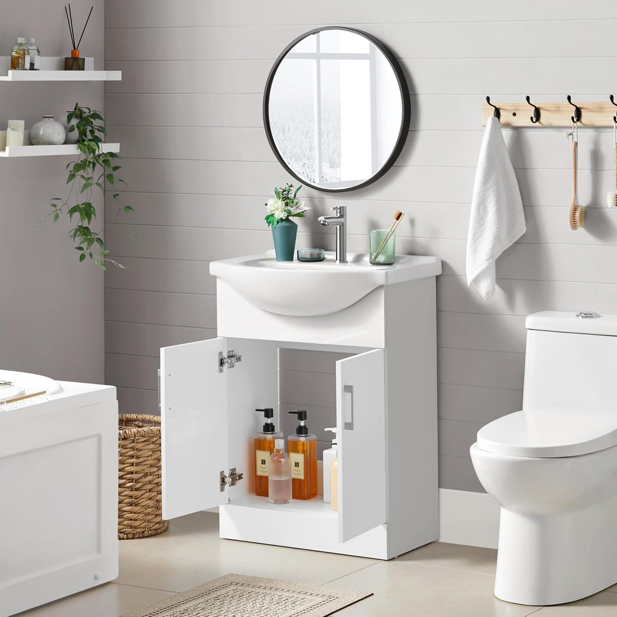 Yaheetech Badezimmerschrank mit Waschbecken – Weiß Hochglanz – 61 x 43,5 x 84 cm – Freistehend, Keramik-Waschbecken