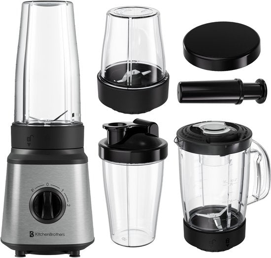 KitchenBrothers Blender - Komplettset - 2x 750ml Schüssel - Zerkleinerer - Stampfer - To-Go Becher - Edelstahl