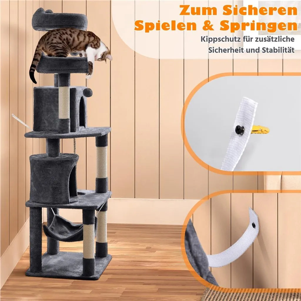 Yaheetech Kratzbaum 181 cm – Dunkelgrau – 60,5 x 48,5 x 181 cm – Mit 2 Katzenhäuschen, 2 Plattformen und 5 Sisalstangen