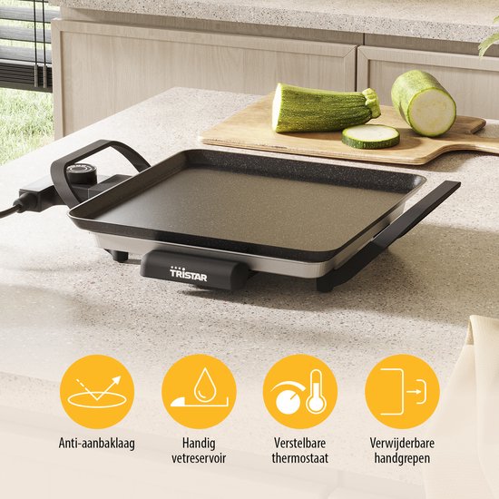 Tristar Backplatte – BP-2666 – Gourmet, Grillplatte S 28 x 28 cm – für 2 Personen – 800 W – einstellbarer Thermostat – für den Campinggebrauch geeignet