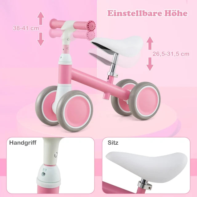 Coast Balance Bike 4 Räder 51 × 25 × 38/41 cm - Pink - Verstellbares Baby Balance Bike für Kinder von 1 bis 3 Jahren