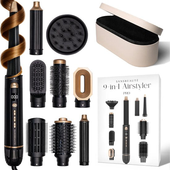 Sansbeauté® 9-in-1 Airstyler mit Diffusor und Aufbewahrungsbox - Multistyler - Haartrocknerbürste kurzes Haar - Lockenstab - Haarstyler - Haartrockner - Wärmebürste - Lockenbürste - Lockenstab - Haarglätter - Stylingbürste - 5 in 1 Hairstyler