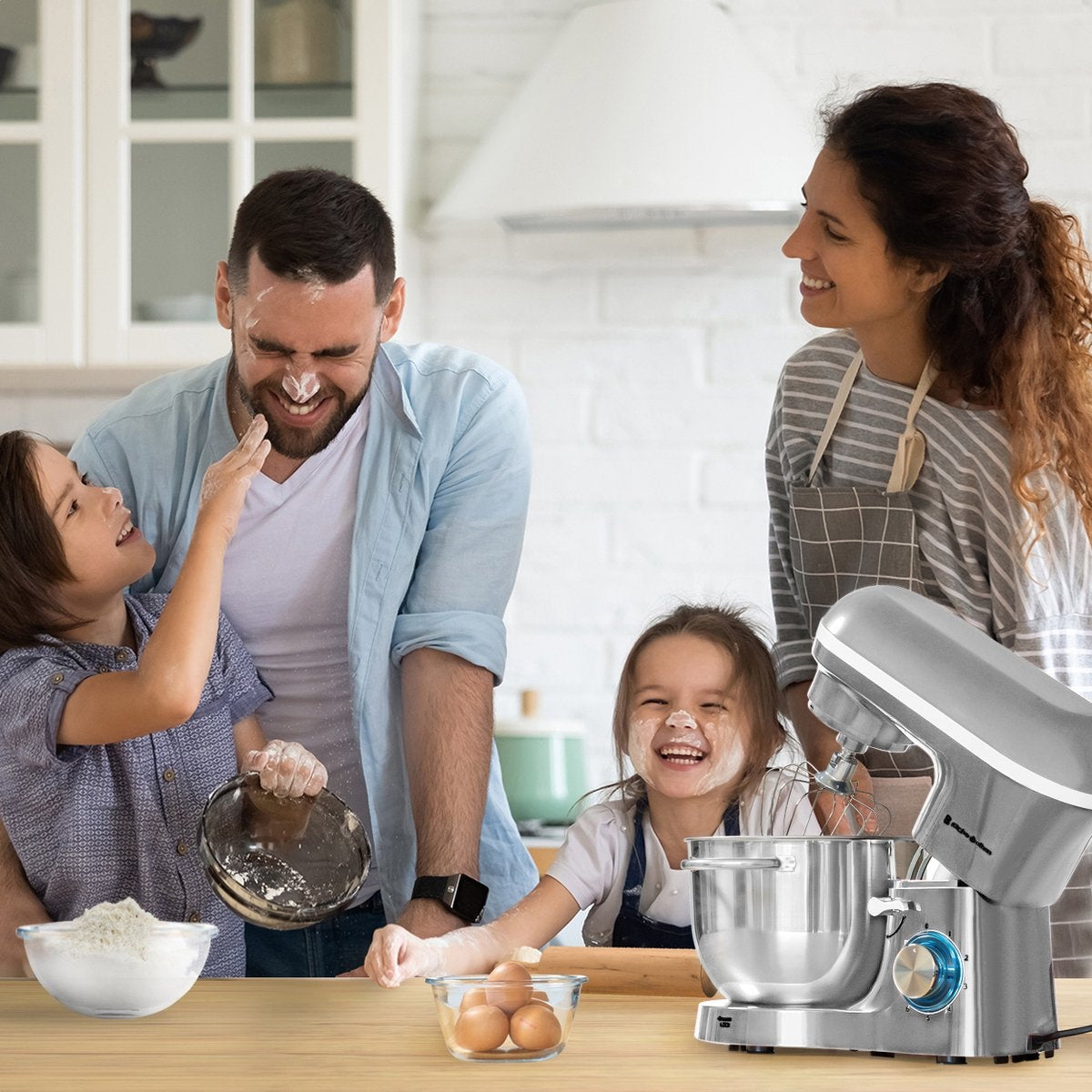 KitchenBrothers Küchenmaschine - Küchenmixer mit 6L-Edelstahl-Mixschüssel - Küchenroboter - 1400W - Silber