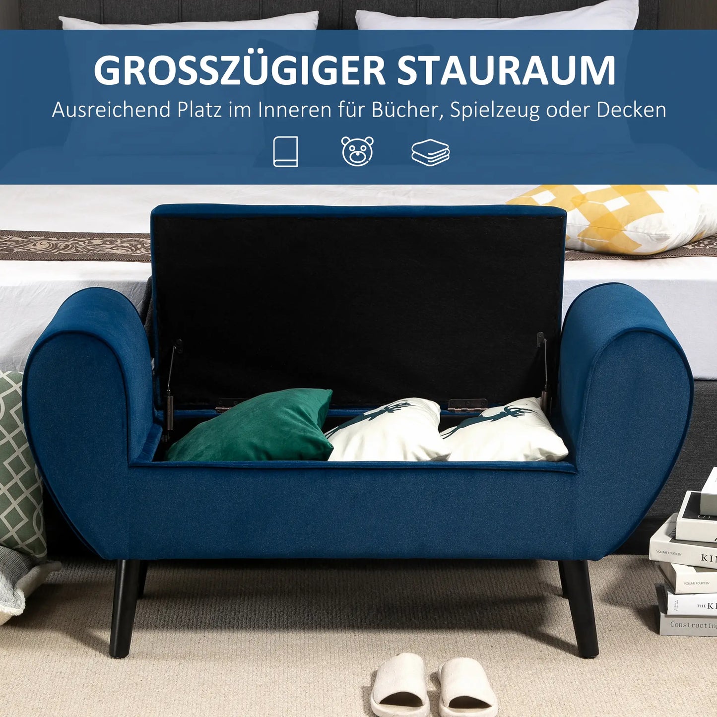 HOMCOM gepolsterte Aufbewahrungsbank mit Armlehnen - Samt, 118 cm - Dunkelblau