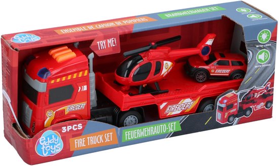 Eddy Toys Feuerwehrwagen-Set, 3-teilig – Feuerwehrwagen-Set mit Anhänger, Hubschrauber und Feuerwehrauto – Spielzeugauto, Hubschrauber und Feuerwehrauto mit Licht und Sound – Feuerwehr – Rot