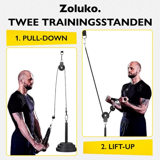 Zoluko Home Fitness Cable System 23-teiliges Set - Inkl. E-Book - Kraftstation für den Heimsport - Inkl. Trizepsseil, Bizepsstange und Griffe - 100kg Tragkraft - Einfache Befestigung - Krafttraining - Lat Pulley - Home Gym - Schwarz/Silber