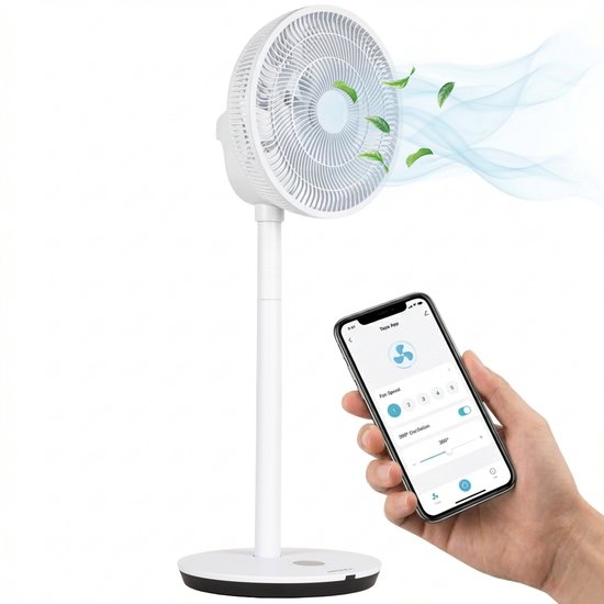 Aironex Ventilator – Leiser Standventilator mit 26 Geschwindigkeitsstufen – Steuerung per App – Geringer Stromverbrauch – Weiß – Mit Aromafunktion und WLAN – Timer und Nachtmodus – Höhenverstellbar – Horizontale + vertikale Schwenkfunktion