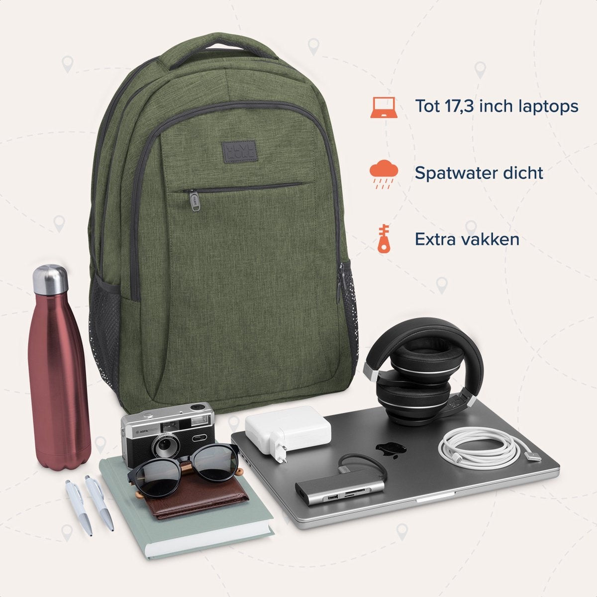 TRVLMORE Rucksack - 36L - 17.3 Zoll - Laptop-Rucksack - Schultasche - Unisex - Spritzwassergeschützt Grün