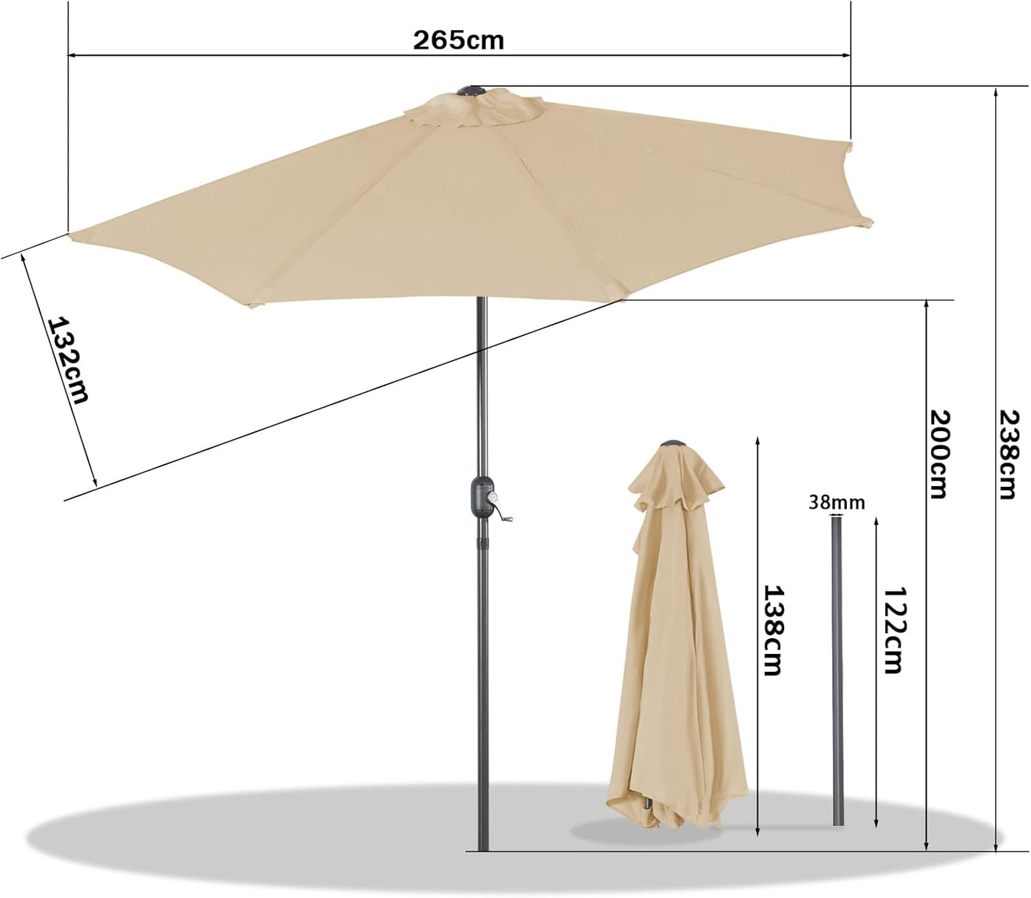 Angel Living Balkon-Sonnenschirm - halbrund - 265 x 132 cm - Beige