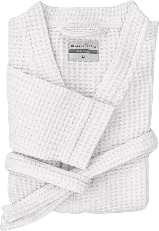 Heckettlane Bademantel Waffel - Bademantel für Damen und Herren - L - Morgenmantel aus Baumwolle - Geeignet für Sauna - Weiß