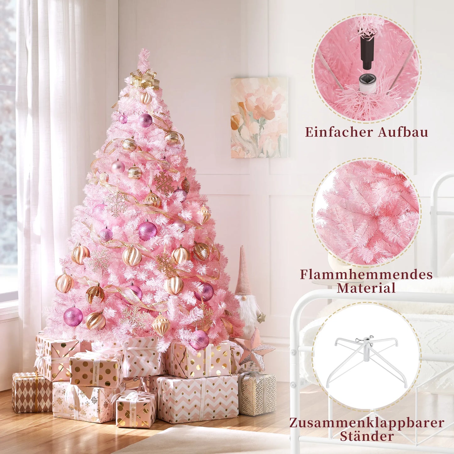Yaheetech Künstlicher Weihnachtsbaum Rosa - 110 x 110 x 183 cm - Mit 598 Zweigen und zusammenklappbarem Metallsockel und schützenden Gummikappen - Für Wohnzimmer und Feiertage - Rosa PVC und Metall