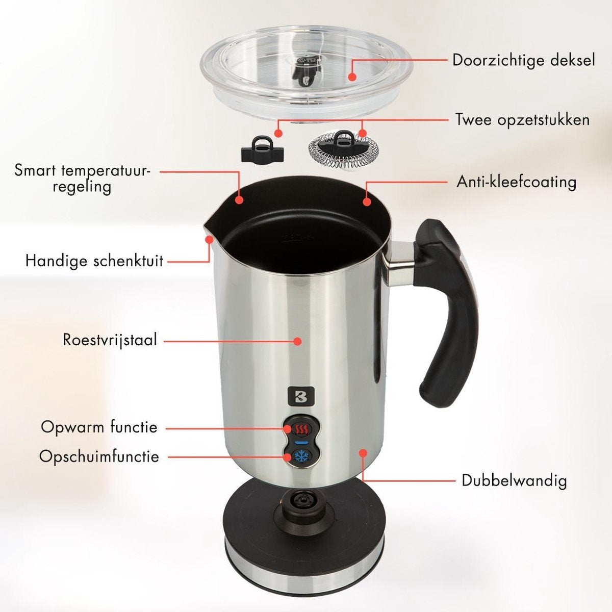 KitchenBrothers Elektrischer Milchaufschäumer - 240 ML - Edelstahl/Schwarz