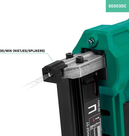 VONROC Akku-Tacker - VPower 20V - Inkl. 1000 Klammern & 1000 Nägel - Ohne Akku & Ladegerät - grün/schwarz