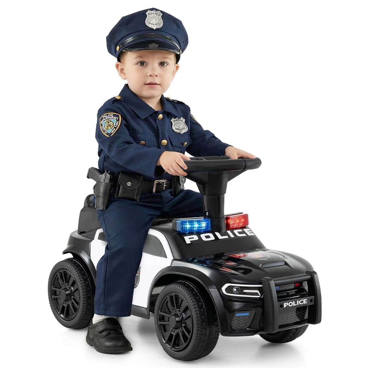 Coast Elektrisches Polizeiauto für Kinder – Blaulicht und Musik – Stauraum unter dem Sitz – Schwarz